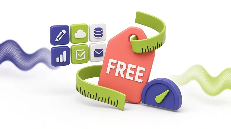 3D illustration of a glossy coral price tag reading FREE wrapped in a lime tape measure, surrounded by small tiles showing a pencil, a cloud, a database, a chart, a checkbox and an envelope, with an indigo gauge: the limits of free plans, measured.