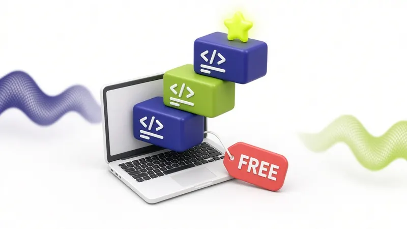 3D illustration of an open laptop with three glossy code blocks, marked with angle-bracket code symbols, rising from its screen as a staircase towards a small lime star, and a coral tag reading FREE hanging from the laptop: free courses as steps up from your first line of code.