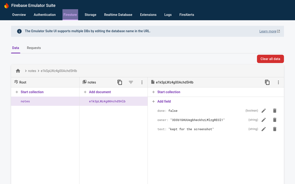 The Firebase Emulator Suite's Firestore page showing a notes collection with one document whose text field reads 'kept for the screenshot' and an owner field holding a user ID.