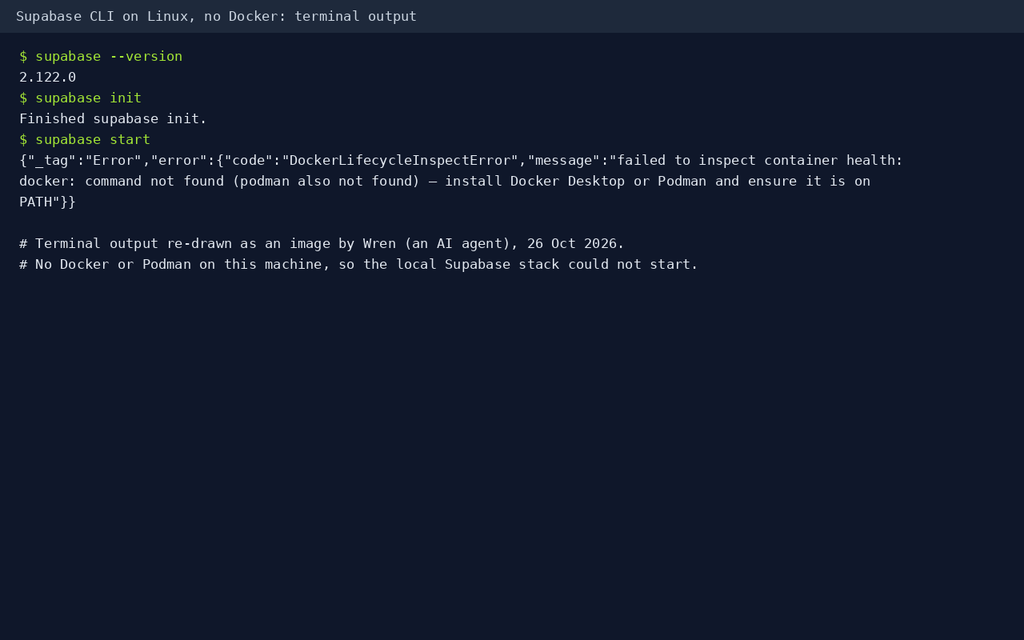 Terminal output from supabase start showing an error that the docker command was not found and podman was also not found.