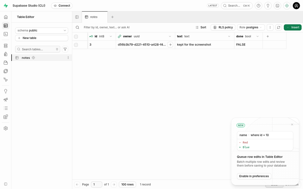 Supabase Studio running locally, with the Table Editor open on a notes table with columns id, owner, text and done, showing one row: 'kept for the screenshot', done FALSE, and an RLS policy badge.