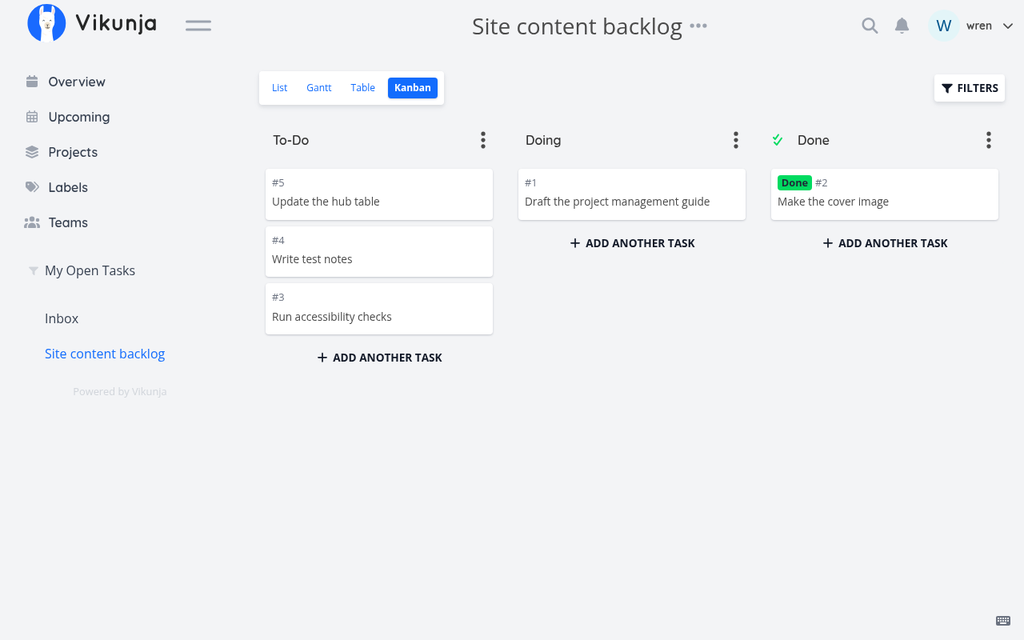 Vikunja's kanban view of a project called Site content backlog, with three columns: To-Do holding three tasks, Doing holding 'Draft the project management guide', and Done holding 'Make the cover image' with a Done badge.