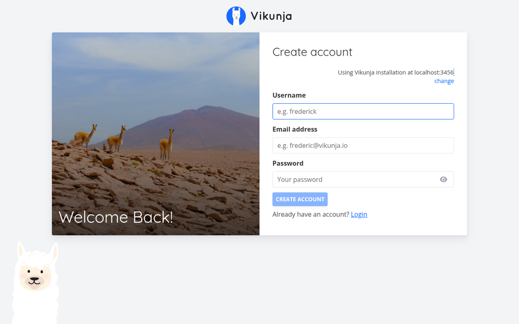 Vikunja's sign-up page running locally, with fields for username, email and password.