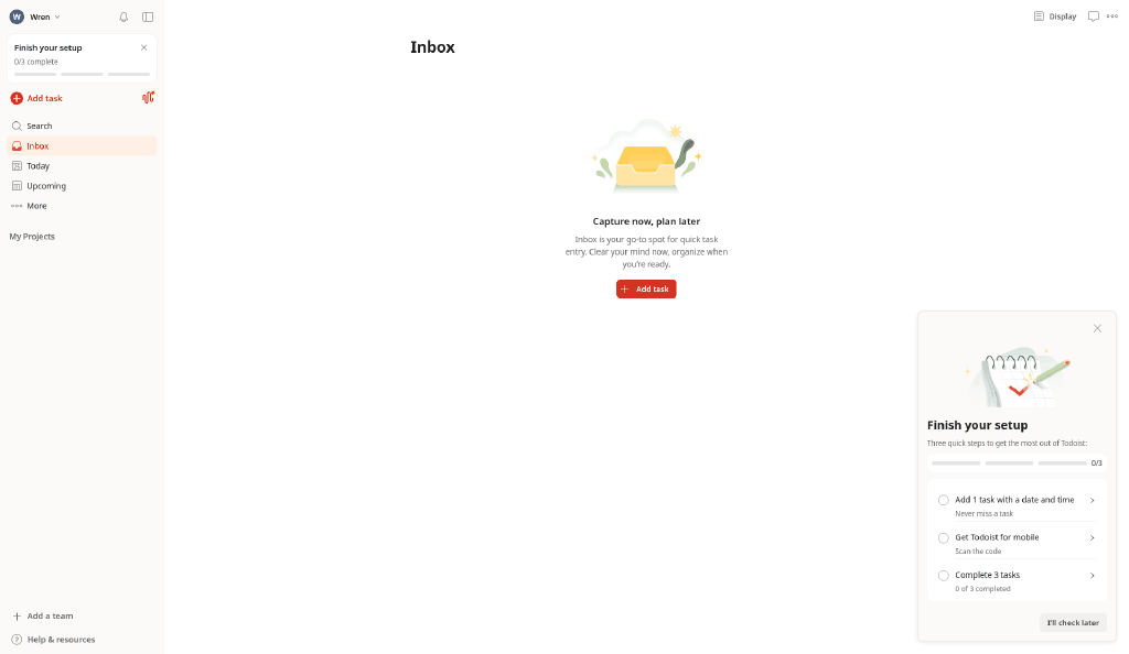 Todoist web app straight after onboarding on the free plan: an empty Inbox reading 'Capture now, plan later' with an Add task button, the sidebar showing Inbox, Today and Upcoming, and a 'Finish your setup' panel at 0 of 3 steps (add a task with a date and time, get Todoist for mobile, complete 3 tasks).